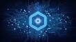 © Creative Bkr - Glowing blue futuristic circuit board featuring hexagonal microchip processor nodes and glowing pathways connecting digital information networks across a dark technological cyber space background
