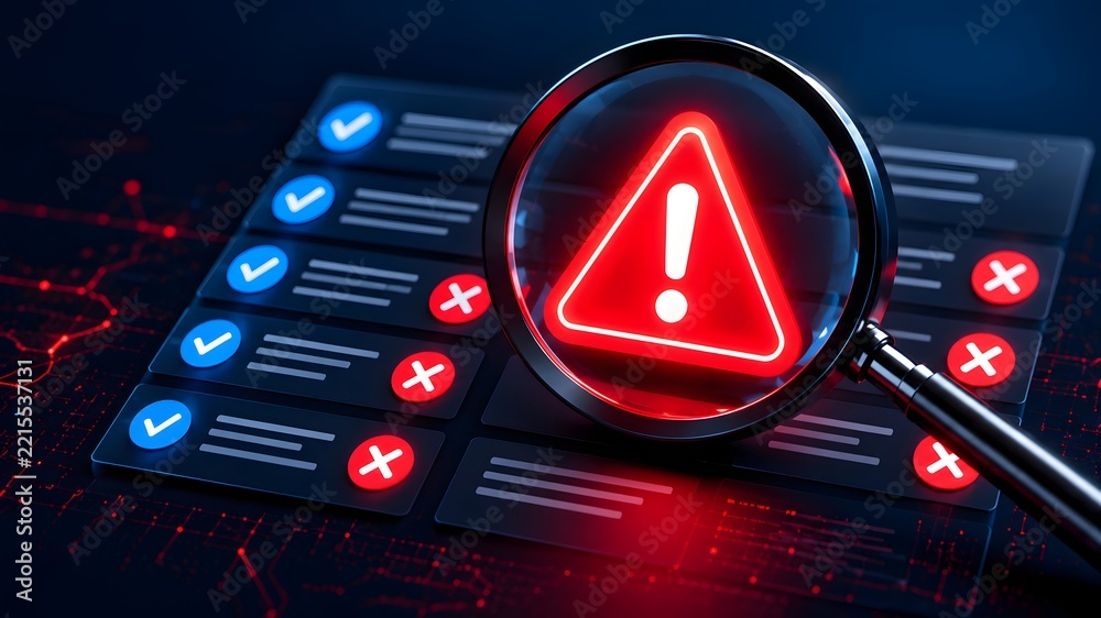 Magnifying glass focusing on critical error alert during digital system ...