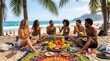 © DR Moura - Diverse group of friends enjoying a vibrant beach picnic with tropical fruits and drinks