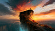 © Elena - Silhouette of a person standing on a dramatic mountain peak at sunset, symbolizing success, achievement, overcoming obstacles, courage, determination and reaching ambitious goals.