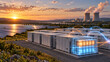 © Hypnotics 14 - Sustainable energy concept with solar panels, large scale battery storage containers, and nuclear power plant under a sunset sky