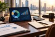 © UnderTheSun - Financial analysis concept with a tablet displaying charts beside printed reports calculator and notebook in an office overlooking a city