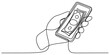© Rimi Kailash Arts - Continuous single line drawing of a hand holding a mobile phone with a paper money bill inside showing digital payment or online banking transfer concept isolated on transparent background