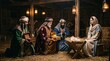 © AlfaSmart - Mary and baby Jesus with three wise men presenting gifts in a stable. Nativity and Christian Christmas story. Biblical birth of Christ, Catholic tradition. Three Kings worship.