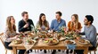 © SimplaStock - Diverse group of friends laughing and enjoying a healthy vegan meal together at a wooden table