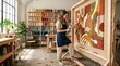 © Anna - Woman making a tufted rug with a tufting gun in her studio. Engaging in an analog hobby and handcrafted textile art for creative workspace inspiration and artisan manufacturing.