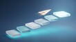 © CuteBee - Minimalist 3D render of a paper plane flying over translucent glass blocks representing digital progress or career advancement in a corporate environment with a soft blue lighting backdrop