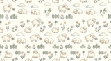 Seamless pattern with cute little sheep and flowers for nursery
