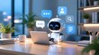 © ReponChandra - A cheerful AI robot sitting at a modern office desk using a laptop with floating digital communication icons representing social media and data connectivity tasks.