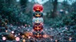 © Provas Chandra - Stacked Pumpkins in Eerie Forest Glow: A mystical stack of carved pumpkins, each illuminated with an internal eerie glow, sits on a forest path adorned with twinkling fairy lights.