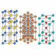 © atar - Three distinct crystal lattice structures illustrating atomic arrangements in solid materials.