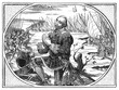 © Timofeeff - Gustavus Adolphus landing, Swedish king praying on the shore during the Thirty Years' War, old vintage illustration, 1894