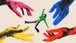 © Lustre Art Group  - Young man balancing between oversized colorful hands in beige collage with animated energy. Team workshops, creative collaboration, mentoring services concept.