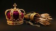 © ENDRA - Ornate royal crown and quiver of arrows on dark background