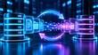 © AI Image Studio - 3D rendering of futuristic glowing database servers with data transfer synchronization process and moving document folders in neon blue