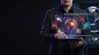 © Majed - Superintelligence power concentration with executive holding tablet beside glowing global network, centralized control concept, surveillance, human autonomy and systemic dominance