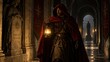 © Halina - Hooded medieval guardian carrying a glowing lantern through a mysterious ancient stone castle corridor