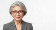 © Mirivox - Portrait of an Asian woman with gray hair and glasses, wearing a pinstripe blazer, showcasing confidence and professionalism, ideal for business or lifestyle themes