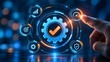 © Samudra_png - Hand touching futuristic digital interface with glowing gear and checkmark symbolizing quality assurance performance optimization and standard compliance