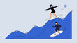 © Crushin - Business growth and financial success concept with people surfing on a blue upward financial chart wave