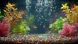 © Perfect Art - Vibrant aquatic scene inside a glass aquarium, showcasing small tropical fish swimming among colorful gravel and artificial plants with rising air bubbles