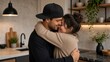 © Formoney - Cozy kitchen scene with intimate embrace. Couple shares quiet affection, eyes closed. Soft lighting enhances warmth and closeness. Modern decor frames tender moment together