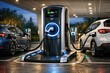 © Fotograf - A modern charging station with two cars waiting to recharge, a convenient and eco-friendly way to fuel up