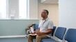 © Ryzhkov - Mature Black man sitting in a muted grey waiting area with a folder and ticket, looking patient for public service campaigns and reports