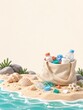 © olegganko - Coastal Cleanup Diorama with a Collection Bag Plastic Pieces and Seashells on Sand