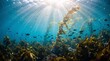 © rehman - Ethereal underwater kelp forest with sunbeams, vibrant marine seaweed ecosystem with schooling fish, serene blue ocean background