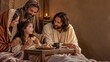 © W.O.W - Jesus sharing bread with a family in a Biblical-era home. Christian faith and scripture. Fellowship, compassion and spiritual teaching. Biblical storytelling, religious illustration and copy