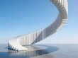 © dezinramran10 - Abstract architectural concept of a spiral staircase made of white blocks rising into a clear blue sky on a reflective ground