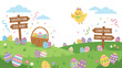© Md - Easter egg hunt meadow scene with wooden signs colorful eggs and chick for spring event
