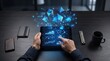 © Jie - Hands using a tablet displaying blockchain networks and cryptocurrency charts with floating geometric shapes, symbolizing digital currency, fintech innovation, secure