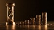 © 69 - Hourglass and stacked coin representing time management and gradual financial growth on wooden surface with warm lighting
