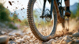 A mountain bike tire kicks up dirt and gravel while riding on a rugged trail, highlighting off-road cycling action.
