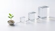 © SebuahKisah - Minimalist business growth concept and metaphorical representation of scaling assets, showing a small green plant and transparent glass cubes of increasing size on a clean white background.