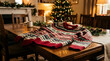 © ain - A festive knitted sweater with traditional holiday patterns displayed on a rustic wooden dining table