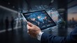 © Tao - Executive holding tablet displaying global network status world map, international data connection visualization, cloud computing infrastructure monitoring, cyber security