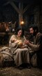 © MMerellinn - Sacred birth moment: Christmas Nativity, divine baby, holy family, tearful mother, devoted father, humble stable, glowing infant, rustic manger, night scene, miracle arrival.