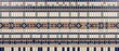 © Alex - Glazed ceramic mosaic tile border with geometric striping and diamond pattern. Decorative blue and terracotta wall tiling for interior architecture