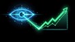 © MstHamida - Digital eye icon monitoring a glowing green financial growth chart on a dark background for business analysis