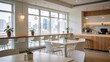 © JohnLee - Spacious light-colored workplace cafeteria with modern furniture, clean dining areas, and bright overhead lighting