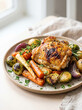 © SerPak - Roasted chicken with carrots, potatoes, Brussels sprouts, and onions served on a plate at home. Comforting homemade meal for a family dinner.