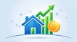 © swadhin - Real estate market growth illustration with blue house icon, green financial chart, upward arrow, and gold dollar coin