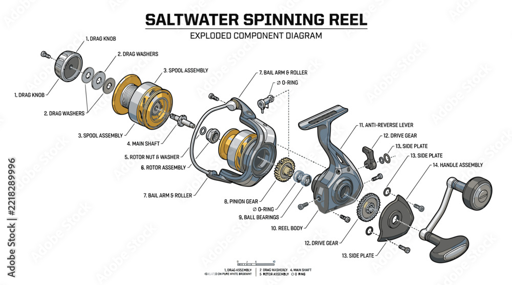 Exploded Diogram Image Exploded view diagram of a saltwater spinning reel, showing all ...