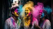 © Maryna - Happy young friends laugh playing with bright Holi powder in narrow city alley. Group of people enjoy colorful spring festival with vibrant pigment clouds. Joyful multicultural youth celebrate