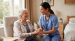© Junior - Caring nurse holding hands with elderly woman in a bright room, offering comfort and support