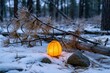 © Gun - A glowing lantern sits on the snow-covered forest floor, surrounded by fallen branches and pine needles. The warm light of the lantern contrasts with the cool blue tones of the winter landscape