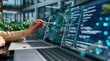 © RAKIB - A hand points a stylus at a laptop screen showing code and data visualization in a modern office. This depicts advanced software development and AI technology applications.